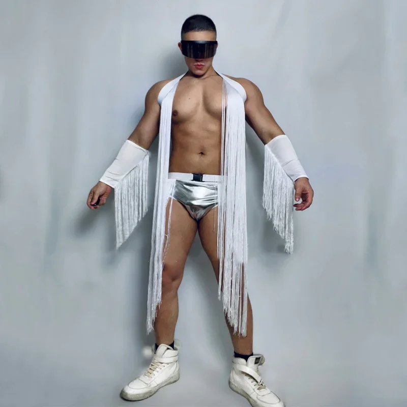 Men Sexy Pole Dance Clothing Gogo Costume White Long Fringes Vest Laser Shorts Nightclub Bar Dj Ds Stage Rave Outfit XS5445