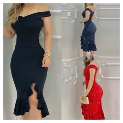 Women Summer One Piece Dress With Boat Neck Sparkle Off-The-Shoulder Midi Dress Solid Sexy Skirt Femal Slim Graceful Clothes