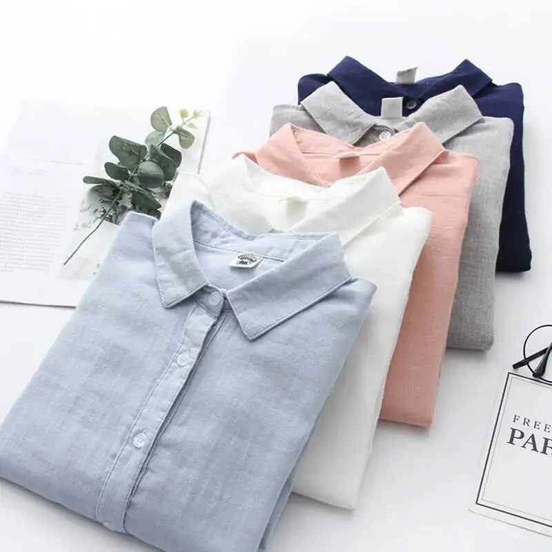 Vrouwen blouses nieuwe mode lange mouw comfortabel kantoor shirt katoenen garen casual tops blusas femininas effen kleur
