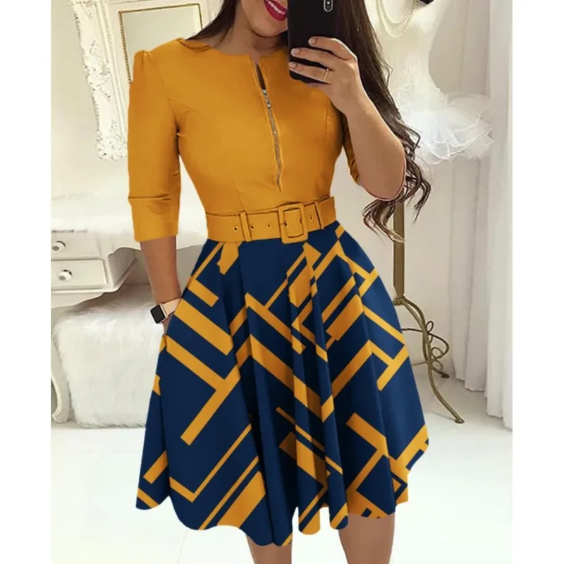 

Autumn Fashion Sexy Bodycon Dress Vestidos For Women Printed Zipper Half Sleeve High Waist A-Line Dress Lady Pleated Party Dress