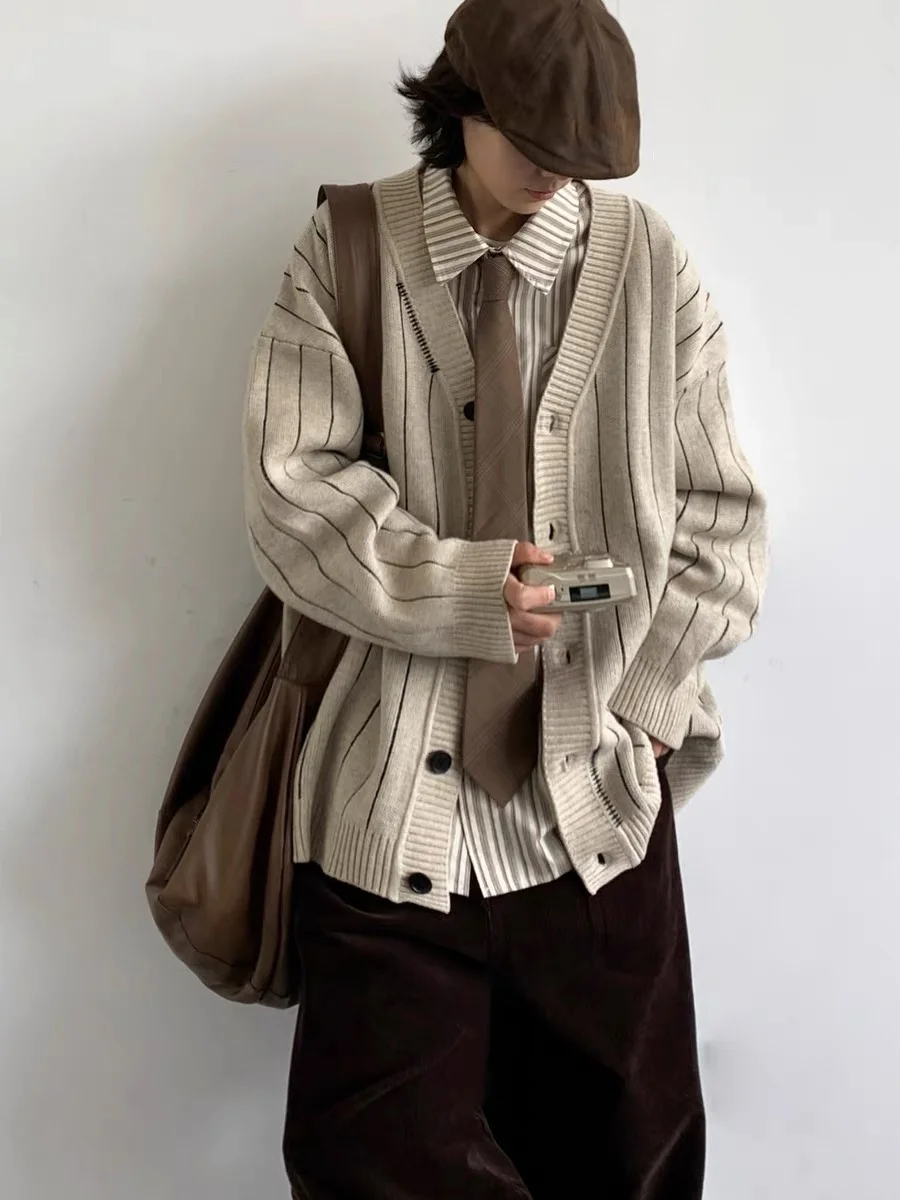 

ex Autumn Winter Vintage Japanese Sle Knitted Cardigan Long Sve Casual Striped Sweater V Ne Warmth Leisure Faion