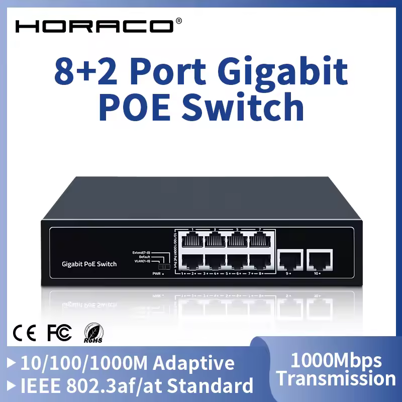 HORACO 8 Port 1000Mbps POE Switch 2 Gigabit Uplink 1000BASE-T RJ45 Networking Switcher 96W Hub Internet Splitter Plug and Play