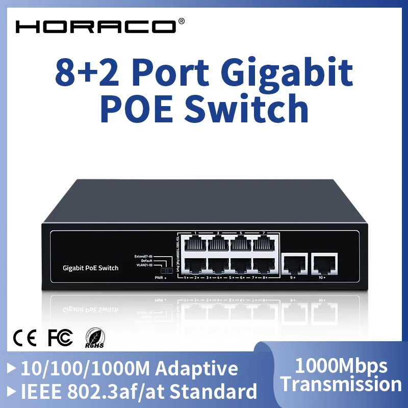 HORACO 8 Port 1000Mbps POE Switch 2 Gigabit Uplink 1000BASE-T RJ45 Networking Switcher 96W Hub Internet Splitter Plug and Play