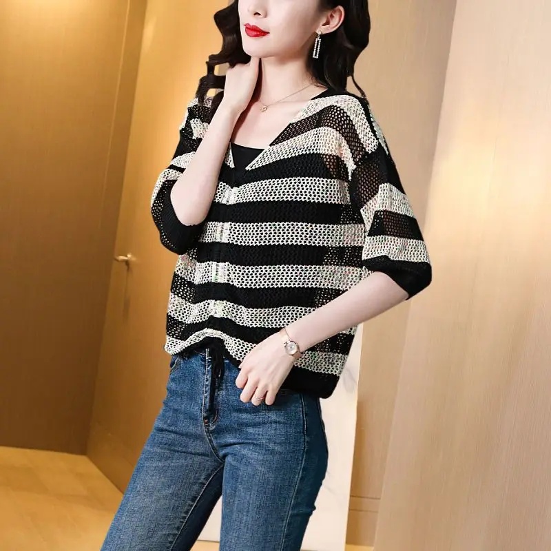 Korean Striped V-Neck Shirt Fashion Hollow Out Female Clothing Half Sleeve Summer Basic Loose Shirring Drawstring Knitted Blouse