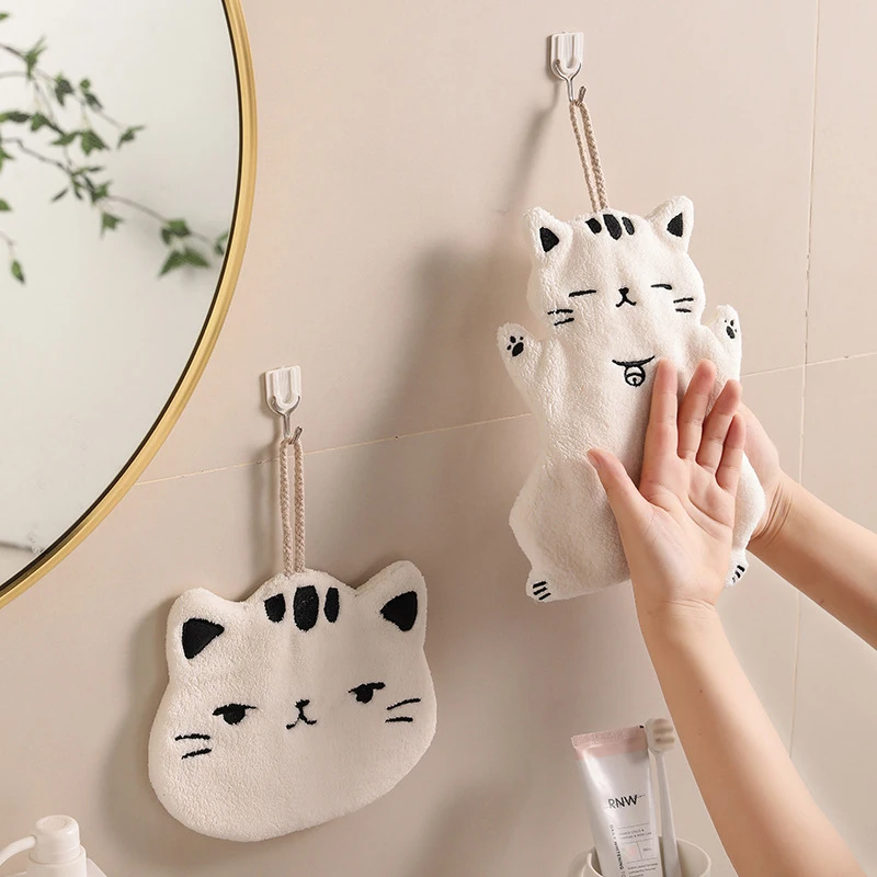 Cat Shape Hand Towel Absorbent Hanging Towels Soft Coral Fleece for Bathroom Kitchen Double-thickness Kids Hand Towel