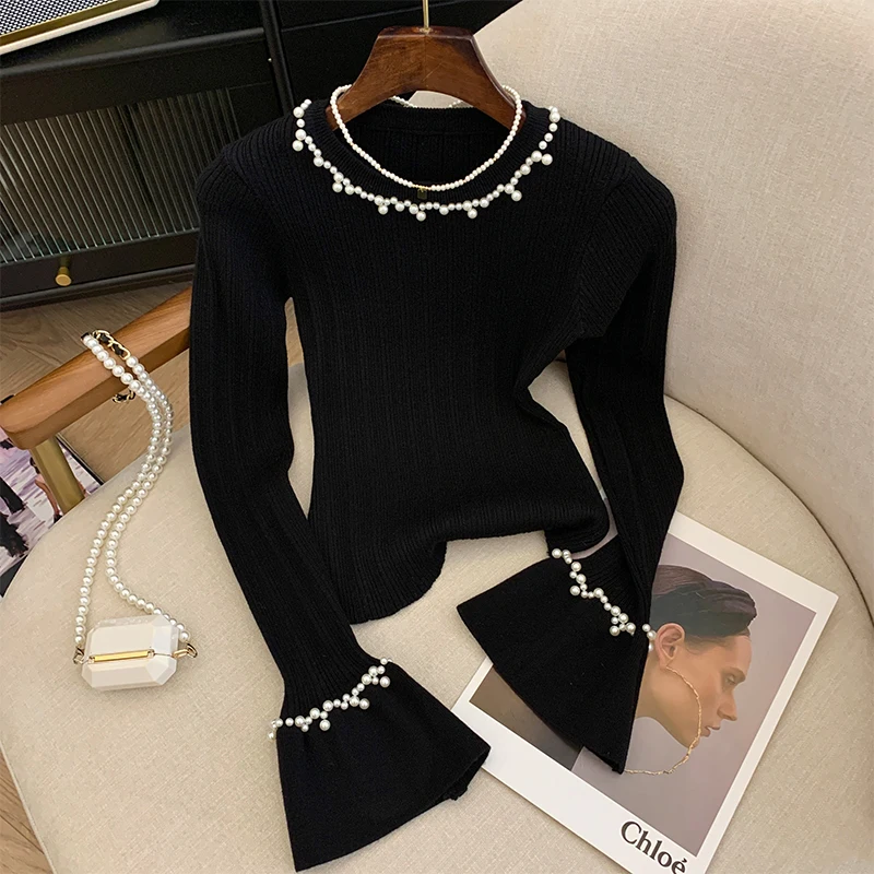 

2025 Fall Winter Sweater Women Black White Pearl Beading (No Necklace) Slim Flare Long Sleeve Top Knitwear Casual 58911