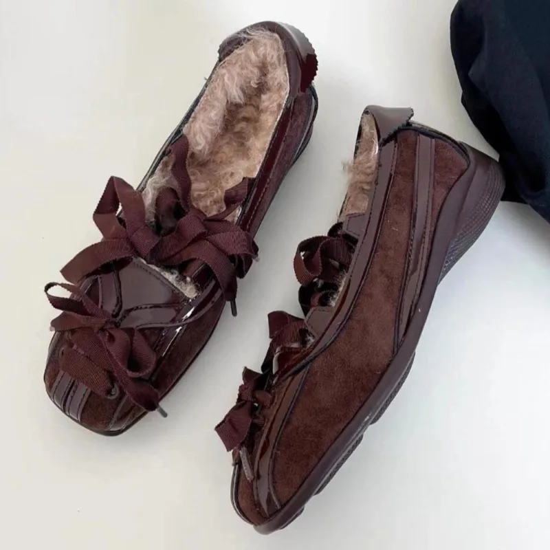 

Модные декоративные балетки на плоской подошве с бантом, женские лоферы из искусственной замши высокого качества, зимние удобные теплые плюшевые туфли-лодочки на низком каблуке