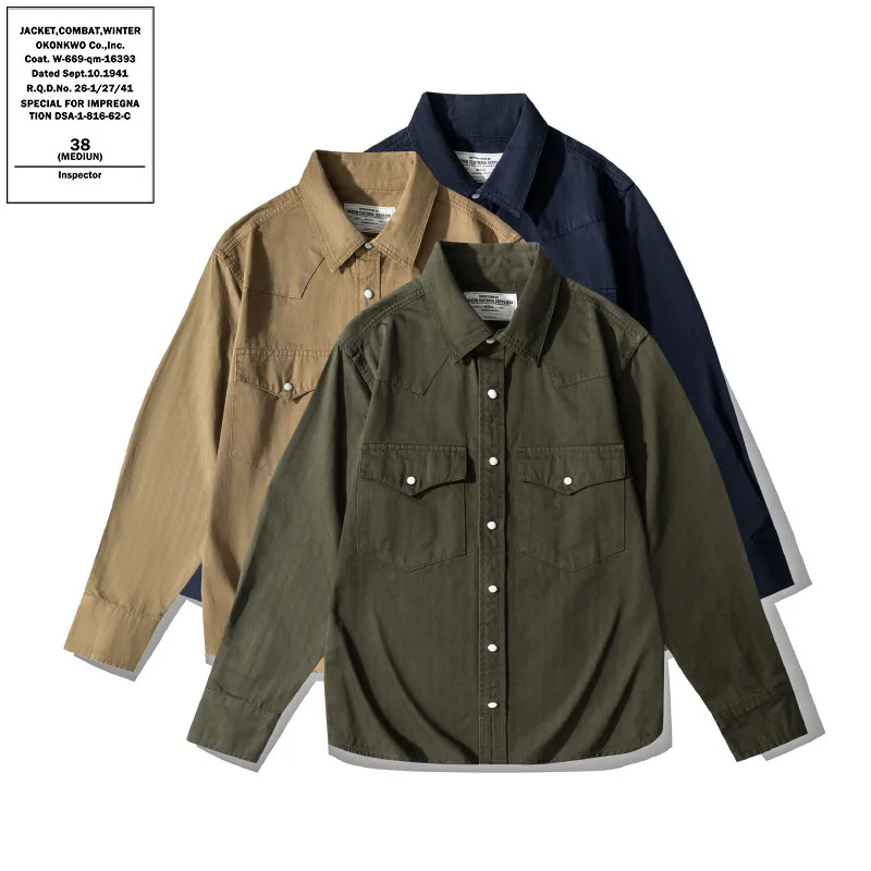 

New Pure Color Men's irt with Gingham Pattern Hard Man Long Sve Engineering Workwear Buttoned Collar Thiened Autumn irt