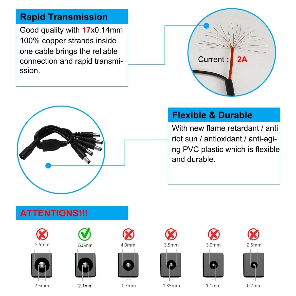 DC Power Splitter Cable 5.5mm 2.1mm 1 To 2/3/4/5/6/8 Way 5V 12V Power Adapter Connector Cord For LED Strip Lights CCTV Camera