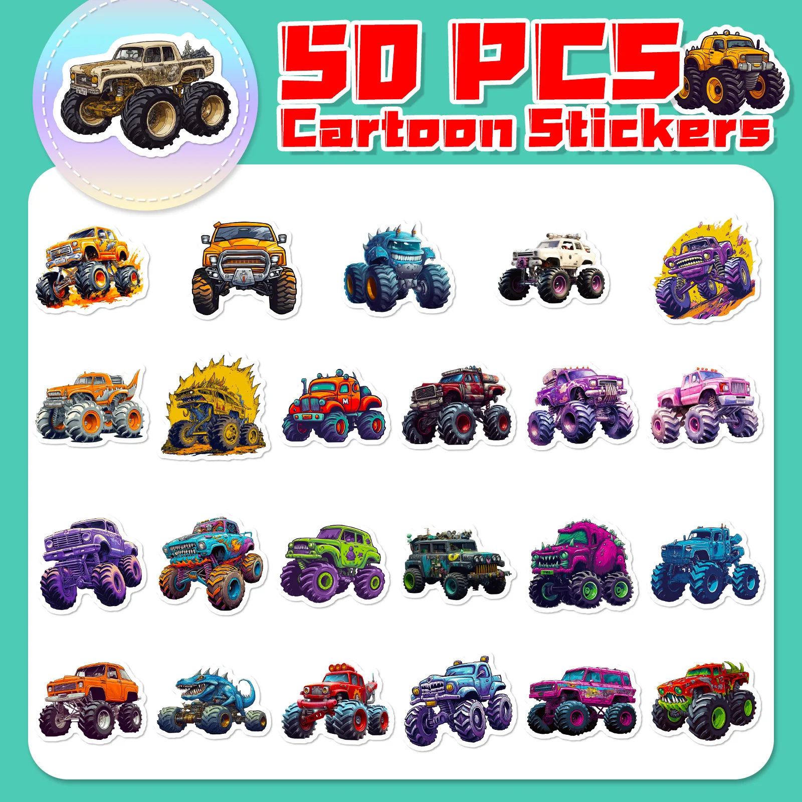 10/25/50pcs Cartoon Vehicle Monster Truck Stickers for DIY Scrapbook Stationery Water Bottle Phone Laptop Guitar