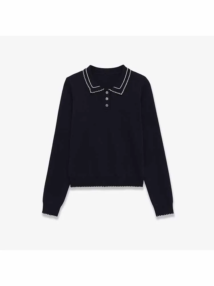 

European and American style autumn new arrivals fashionable women's clothing color-blocked stitched knit polo shirt collar top