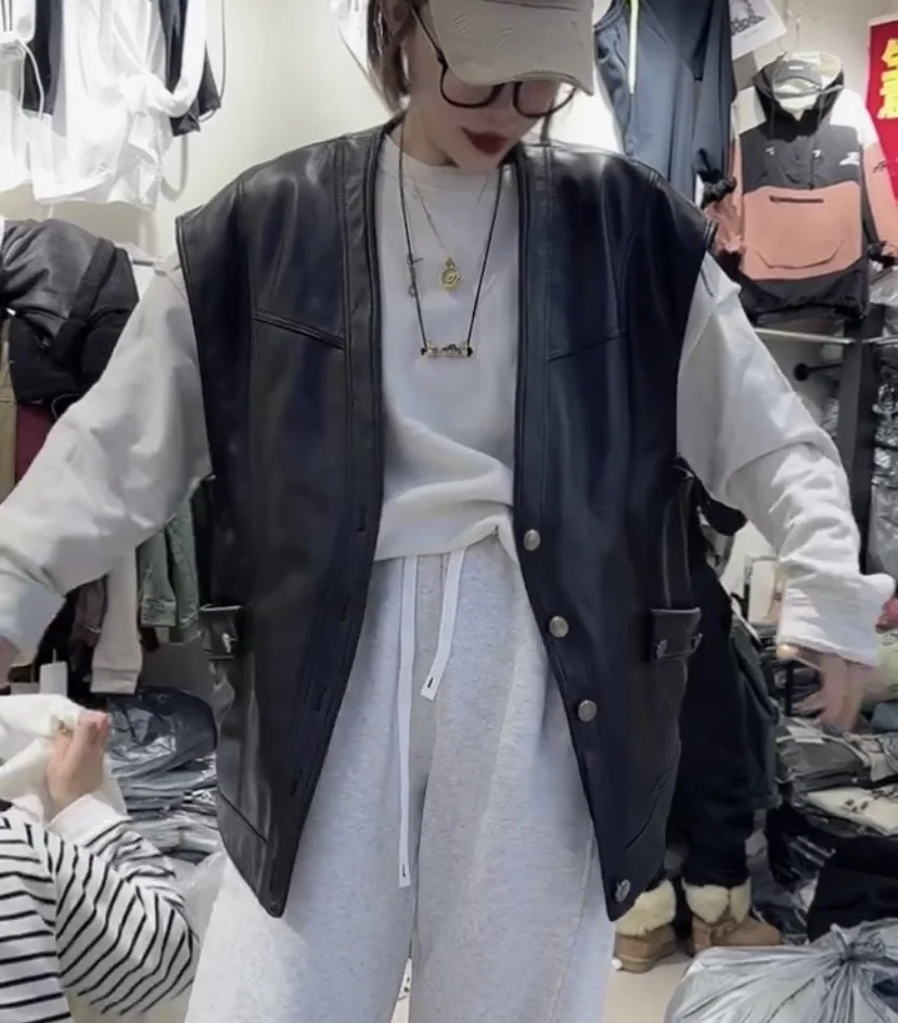 

Женский жилет из овчины, свободный удлиненный жакет, весенне-осенний, новая модная корейская версия, с V-образным вырезом, на одной пуговице