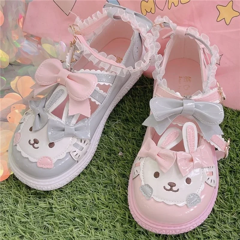 Zapatos elegantes de Lolita para Mujer, Zapatillas Kawaii de estilo japonés, zapatos planos de cabeza redonda de conejito dulce, zapatos de muñeca