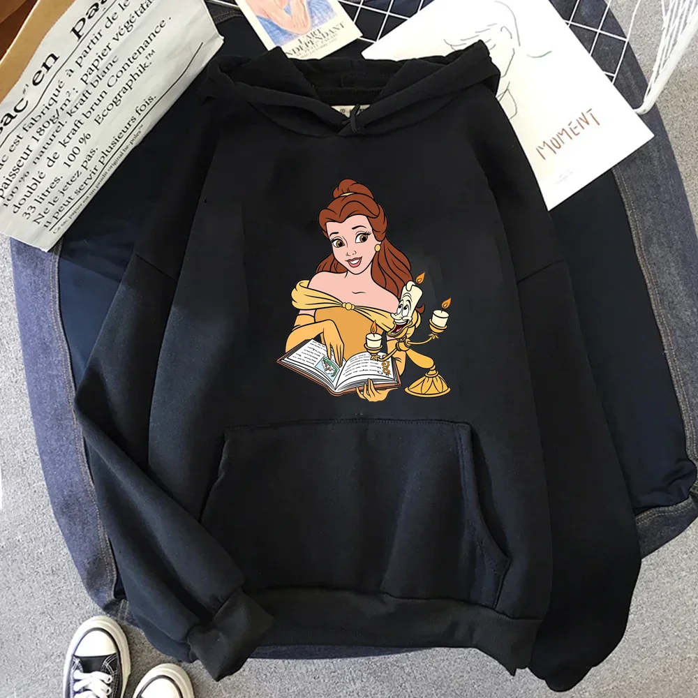 Disney Hoodie Fashion Beauty and Beast Cartoon Print Autumn Sweatshirt Cute Harajuku Unisex Women\'s Pullover Pocket Tops