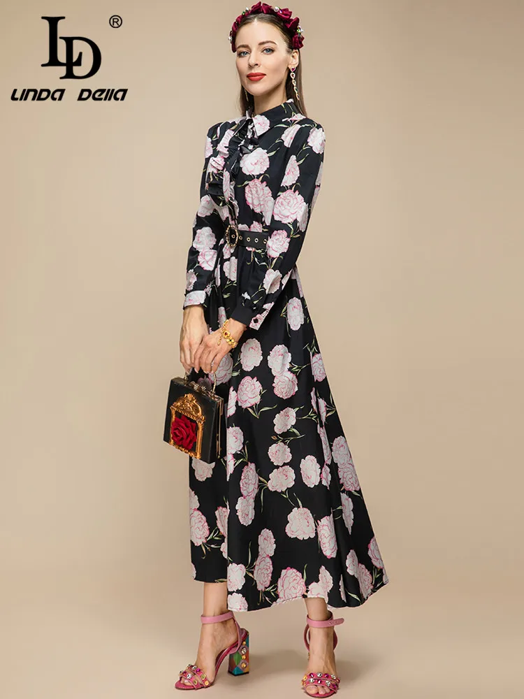 Imagem -02 - Linda Della Novo 2023 Primavera Moda Runway Midi Vestido Mulheres Manga Longa Floral Impressão Festa do Vintage Balck Vestido ld