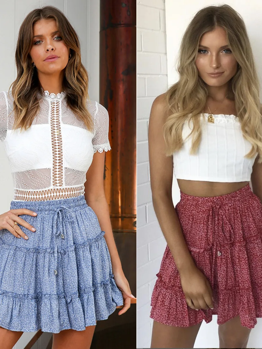 Spódnica damska typu A z wysokim stanem, z falbanką, kwiatowym nadrukiem, sznurkiem, elastyczną talią i sznurkiem, w stylu casual, na ulicę.