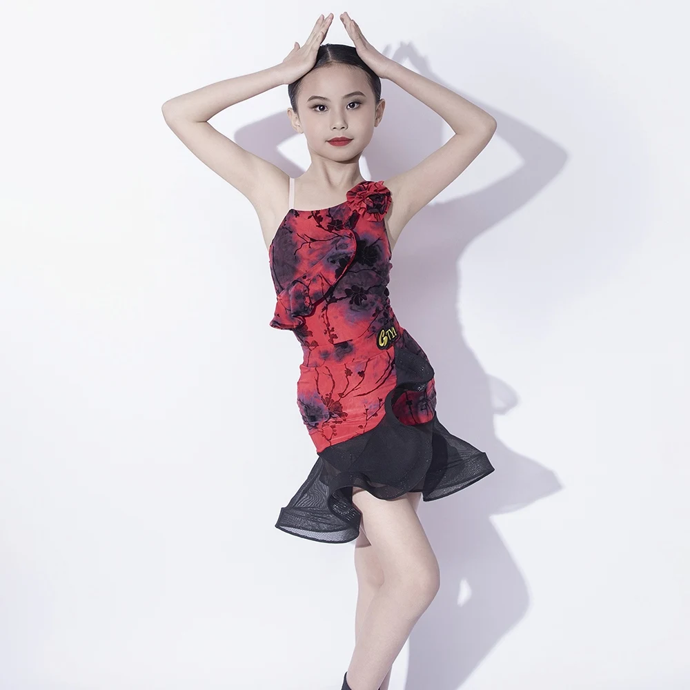 Verão meninas desempenho traje de dança latina vestido impressão terno chacha samba dança prática terno roupas competição wear dql10832