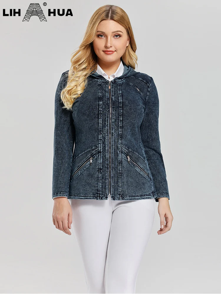 LIH HUA Women's Plus Size Hooded Denim Jacket Fall Stretch Cotton Knit Long Sleeve Casual Jacket