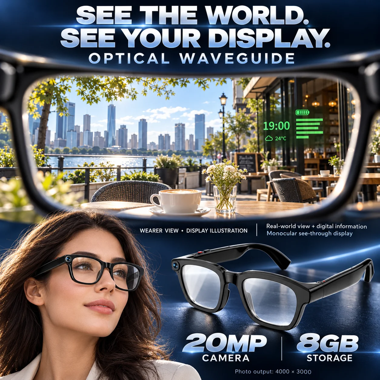 PEJE AI Smart Glasses with 20MP Camera, Monocular Waveguide Display, Voice Assistant, Photo Video & 100+ Language Translation