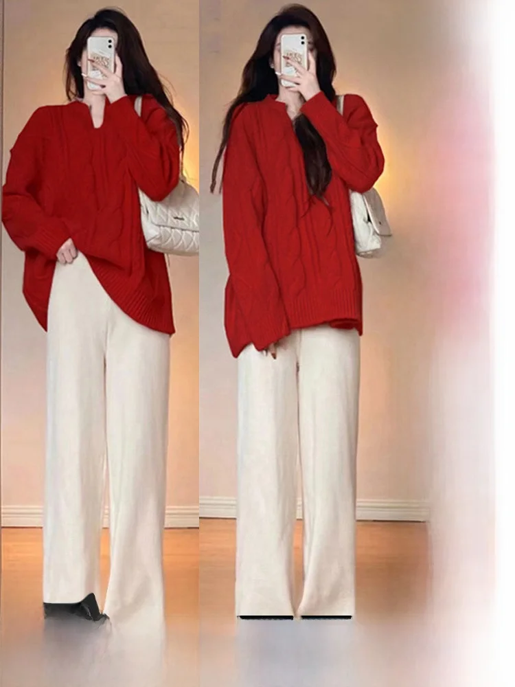 

Korean Sle Red Knitted Mid-Length Women's Sweater Sweet Sle Pure Color Warmth Autumn Winter New Arrival GATTIBOR