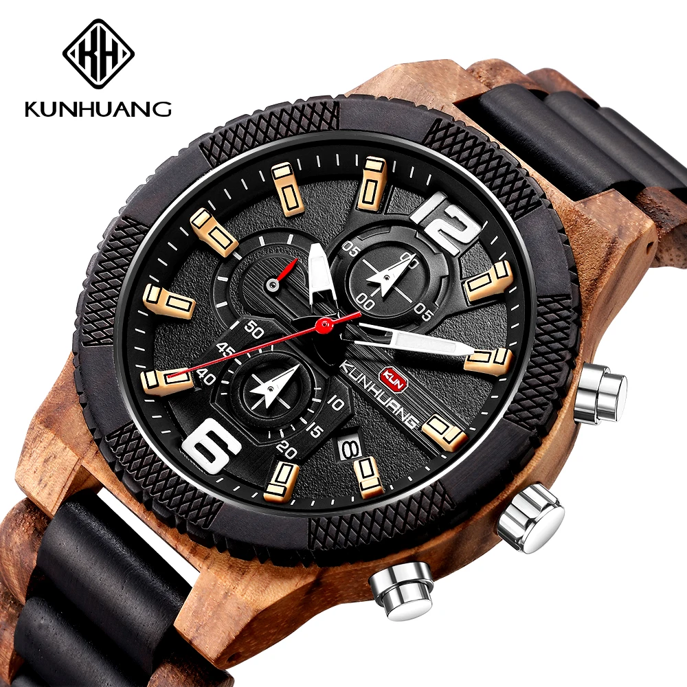 

KUNHUANG Luxury Wood Stainless Steel Men Watch Stylish Wooden Timepieces Chronograph Quartz Watches relogio masculino Gift Man