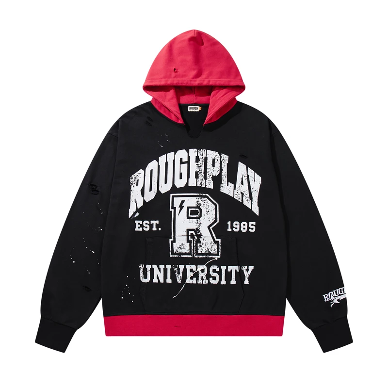 Rough Play Hoodies American Style Embroidered Retro Vintage Sweatshirts Men Women Frayed Ripped Paint Splatter Wide Leg Pants