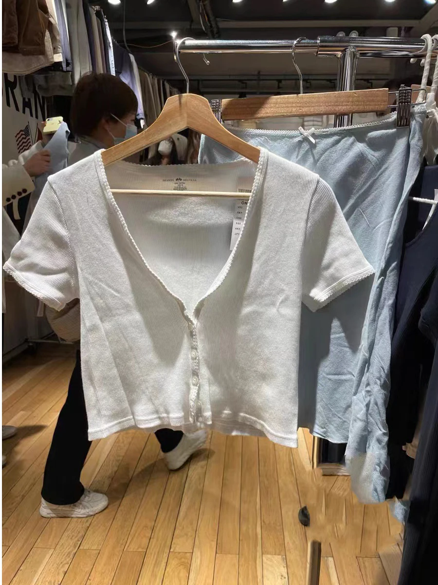 White lace button  T-Shirts 2023 Summer V Collar  Ribbed Cotton Slim T ShirtCotton Casual Blouse Top Femme Sweet Cute y2k Tops