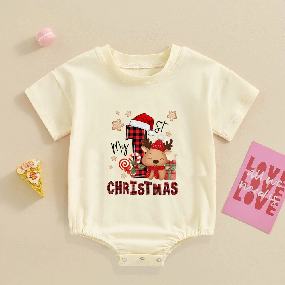 1st Christmas Print Baby Bubble Romper Casual Short Sleeve Oversize Bodysuit Fashion Baggy Bubble Romper Christmas Party Clothes