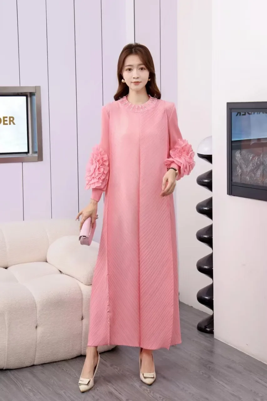 Miyake Pleated Hand-cranked Flower Long-sleeved Loose Dress with Diamond Round Neck Long Organ Pleated Wedding Dresses for Women