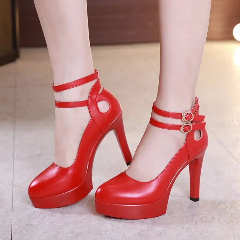 11cm Small Size 32-43 Ankle Buckle Platform Pumps Women Fall 2024 Stilettos High Heels Shoes Soft Leather for Office Model Party