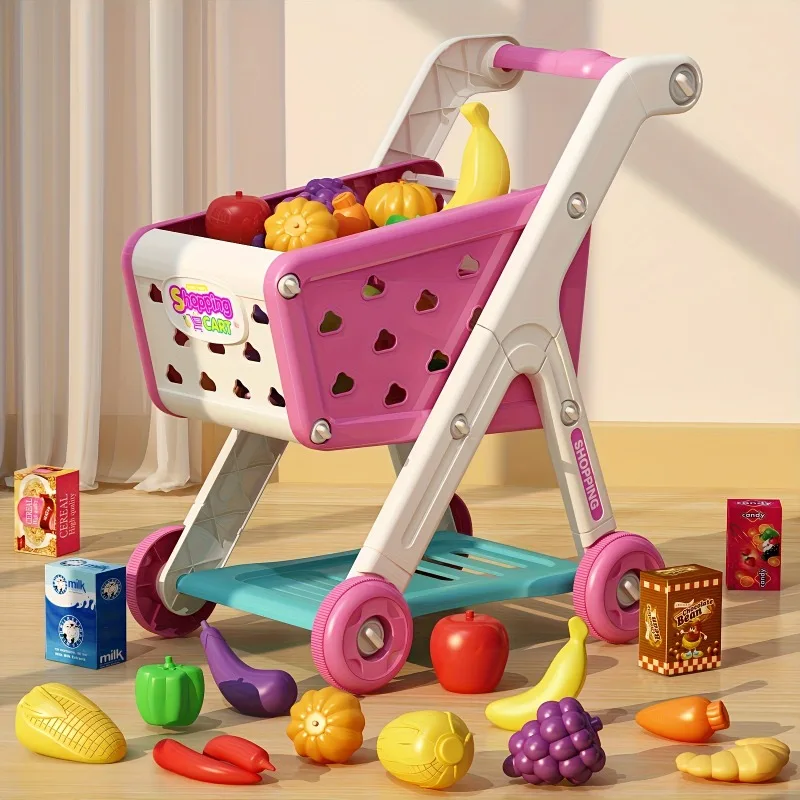 

Pretend Play House Fruit Cut Grocery Cart Set, Kitchen Supermarket Shopping Cart Toy for Boys & Girls Early Education Toys