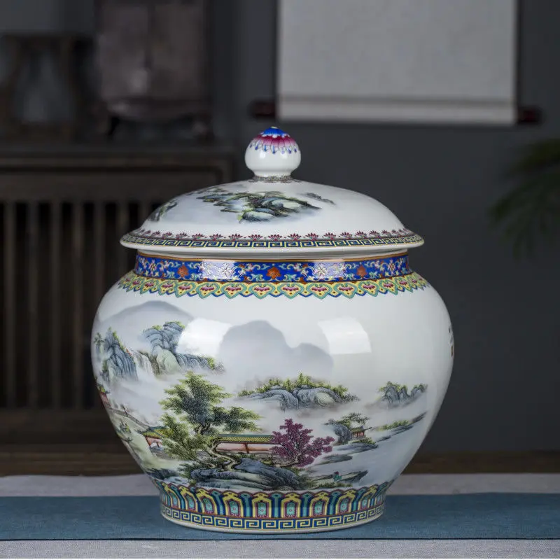 Enamel Ceramic Tea Canister  Chinese Style Tea Cake Storage Jar  Royal Palace Wake-Up Tea Container Large Sealable Jar
