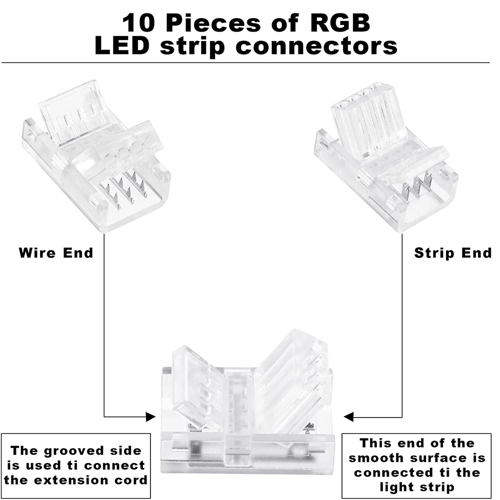 10pcs 4 Pin LED Connector 10mm RGB LED Strip to Wire Connector with 5M RGB Connection Cable 22 AWG for 5050 RGB LED Strip