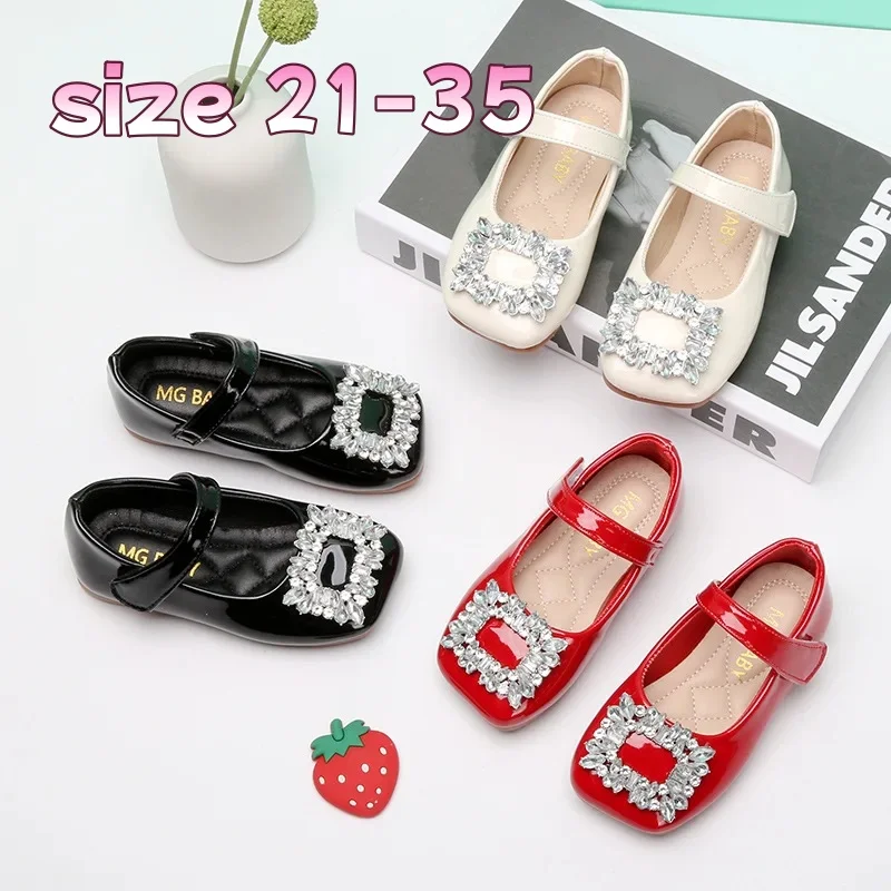 

Toddler Girls Rhinestone Decor Leather Flats, Stylish Spring Autumn Dress Shoes, Cute Party Footwear Available in Red and Black
