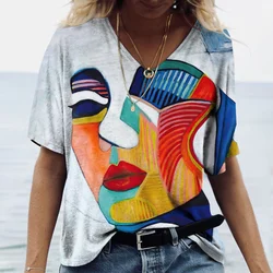 Camiseta con estampado de cara de arte abstracto para mujer, Ropa para Niñas, Tops clásicos de manga corta de gran tamaño, ropa de calle informal de moda para mujer