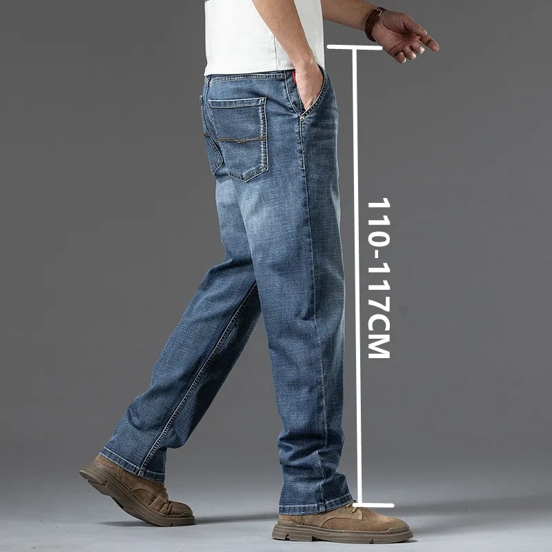 

Summer Jeans Tall Men Guy Thin Loose Straight High Waist 140KG Plus Size 42 44 46 48 Extra Long Pants Male Casual Denim Trousers