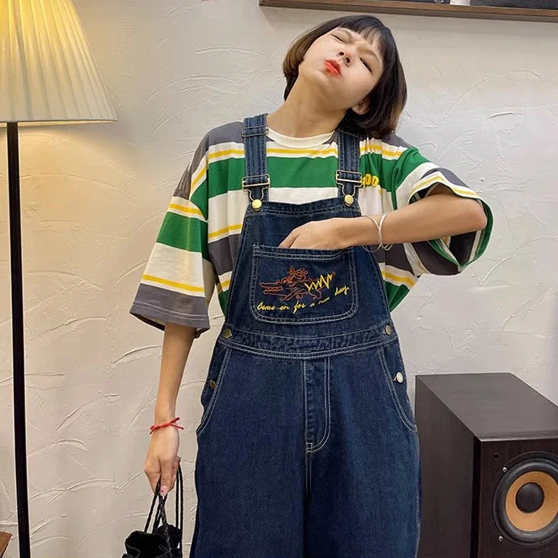 2024 Embroidered Jean Jumpsuits Women New Vintage Baggy Denim Overalls High Street Straight Loose Wide-leg Pants Female