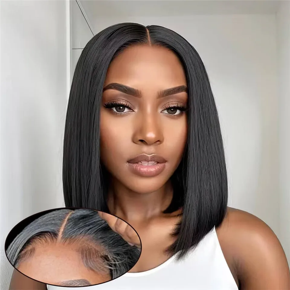 

Glueless Straight Human Hair Bob Wig Preplucked Peruvian 13X4 Pre Cut Lace Straight Bob Wigs For Women Natural Color Density 180