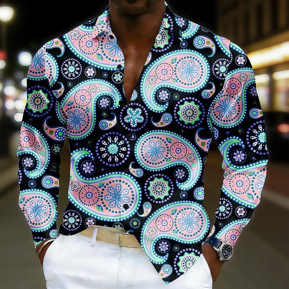 Men Long‑Sleeve Turn‑down Collar Shirt Retro Paisley Graphic Print Button‑Up Casual Top Holiday Party Outfit