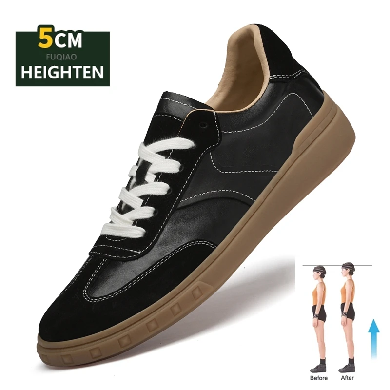 Real Leather Unisex Casual Height Increasing Sneakers Men Lace-Up Sports Shoes Comfort Breath Fashion Elevator Shoes for Women