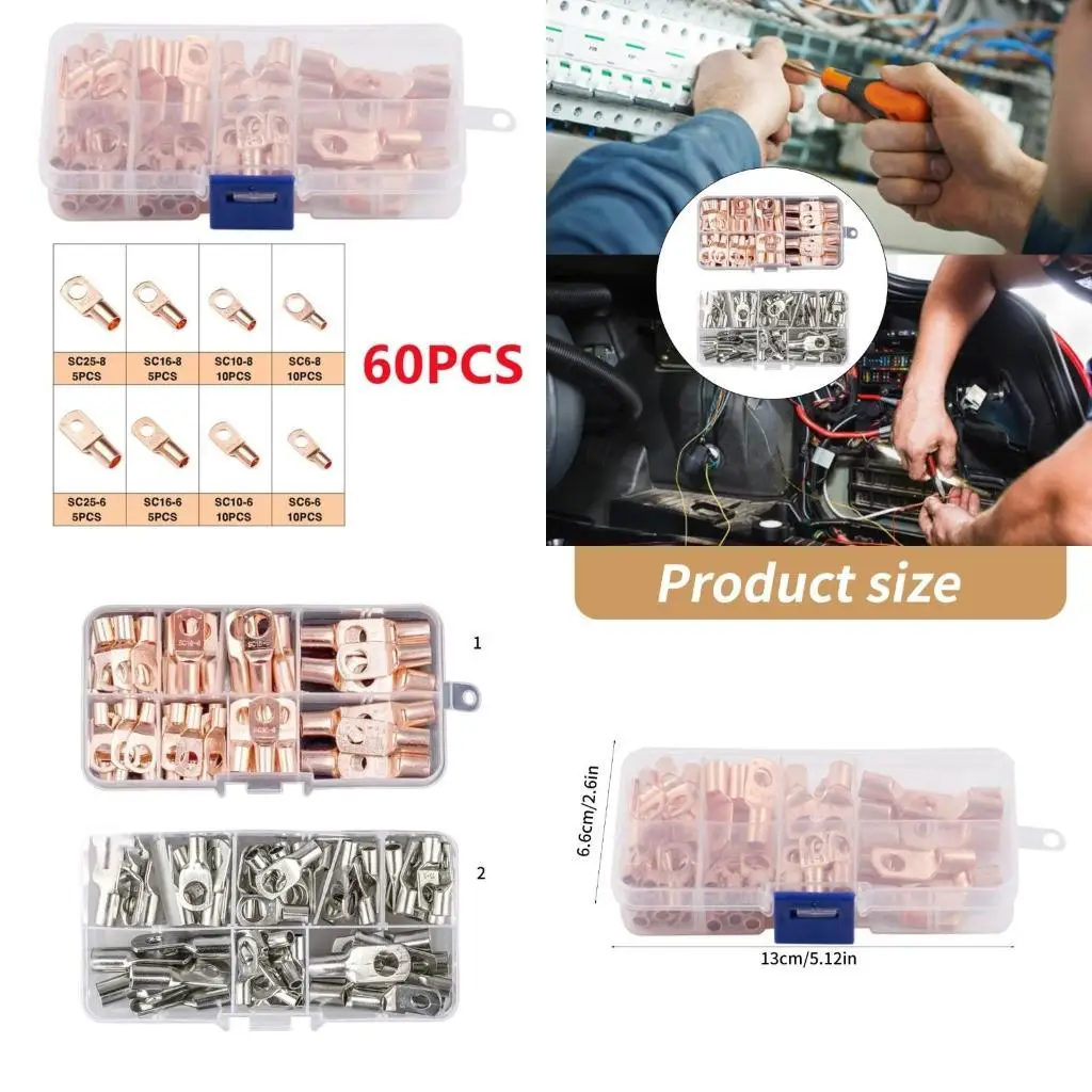 

652F 60Pcs Wire Connectors Copper Wire Lugs Rings Terminals Battery Cable Lugs Battery Wire Welding Cable Connectors