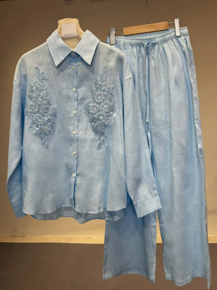 Spring Summer Women Embroidered Linen Sets Loose Fit Long Sleeve Shirt Outfits Elastic Waist Wide Leg Floor Pants Two Piece Set