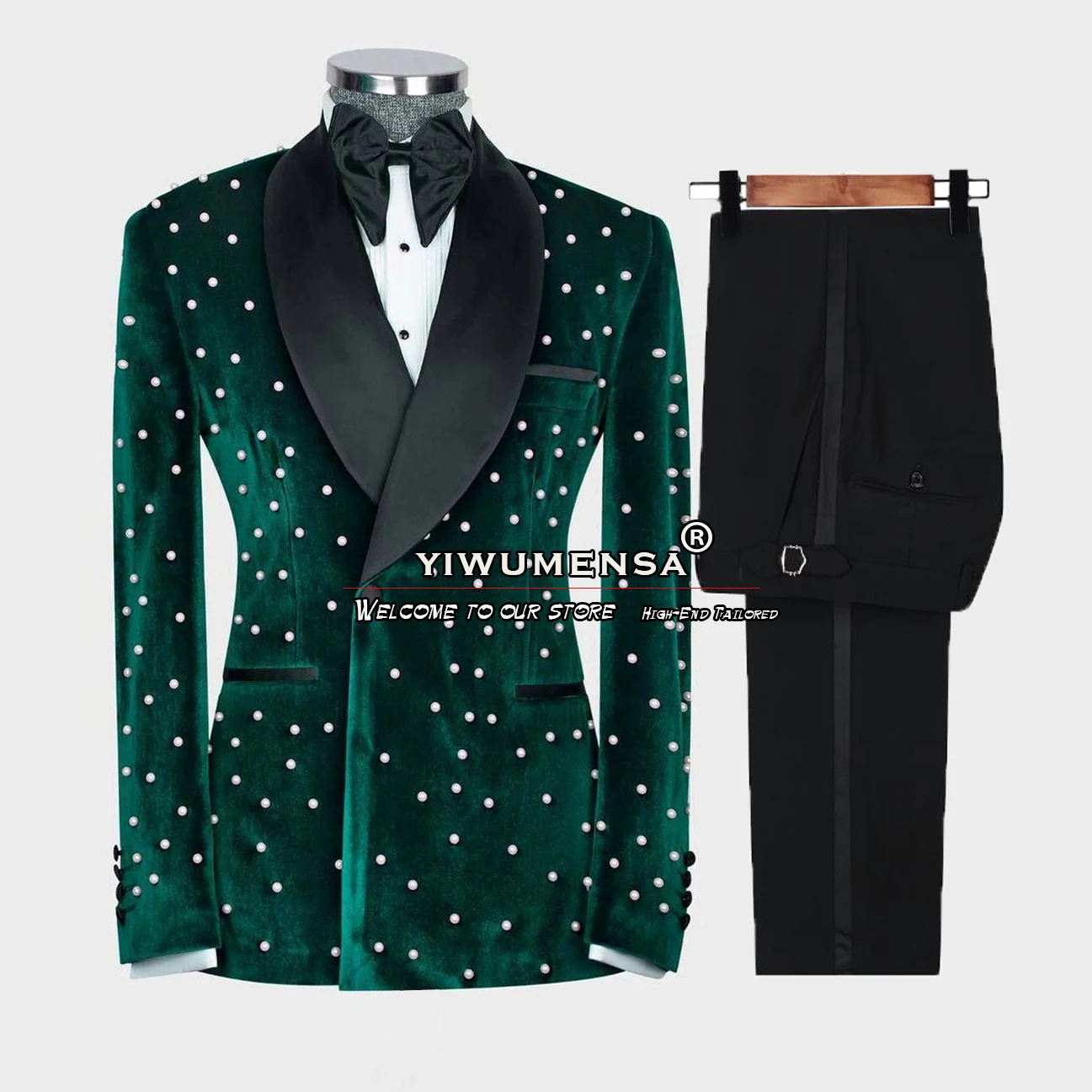 

Luxury Pearls Suits Men Black Laple Green Blazer Groom Wedding Tuxedo Tailored Made 2 Piece Set Jacket Pant Prom Party Dress