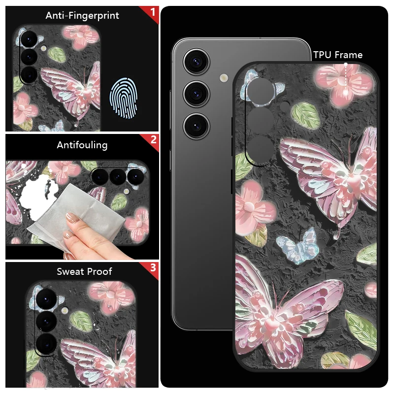 3D Emboss Butterfly Lanyard Case For Samsung Galaxy S24 S23 S25 Ultra S22 S21 S20 FE A15 A16 A26 A35 A36 A54 A55 A56 5G Cover