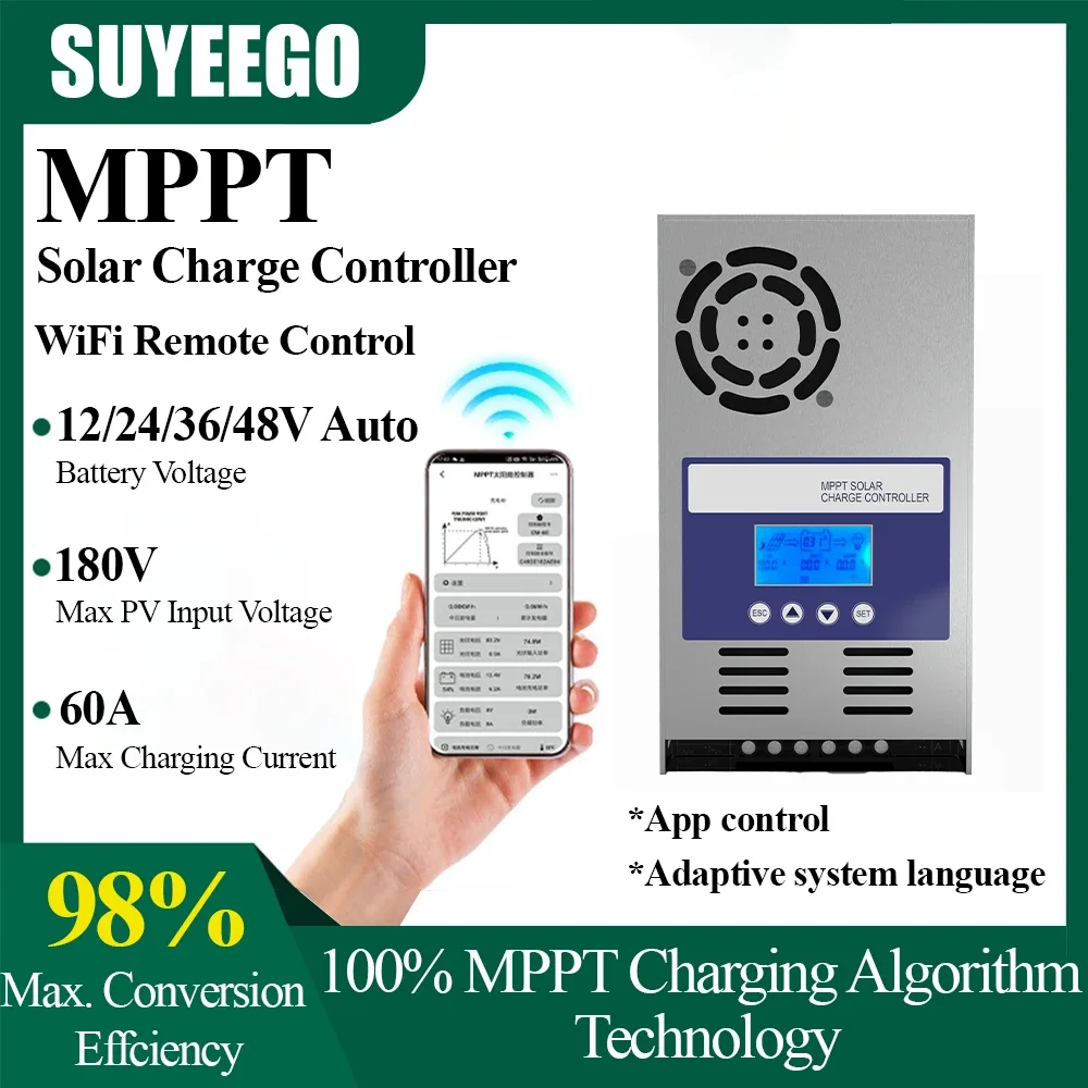 

SUYEEGO 60A MPPT Solar Charge Controller with WIFI 12V 24V 36V 48V Auto PV Battery Regulator LCD Display for Lead Acid Lithium