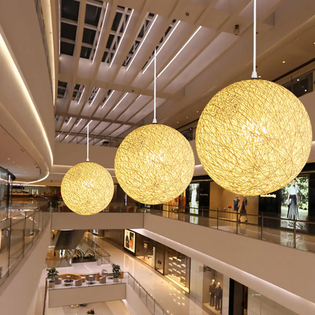 ABZV-Yellow Bamboo, Rattan And Jute Ball Chandelier Individual Creativity Spherical Rattan Nest Lampshade
