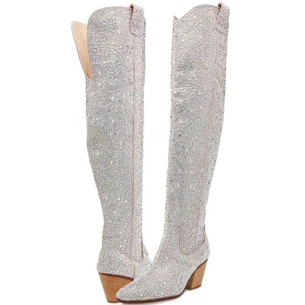 White Crystal Decor Miter Cowboy Boots Matte Leather Shoes for Women Chunky High Heels Fashion Shoes 2025 Zapatos Para Mujere