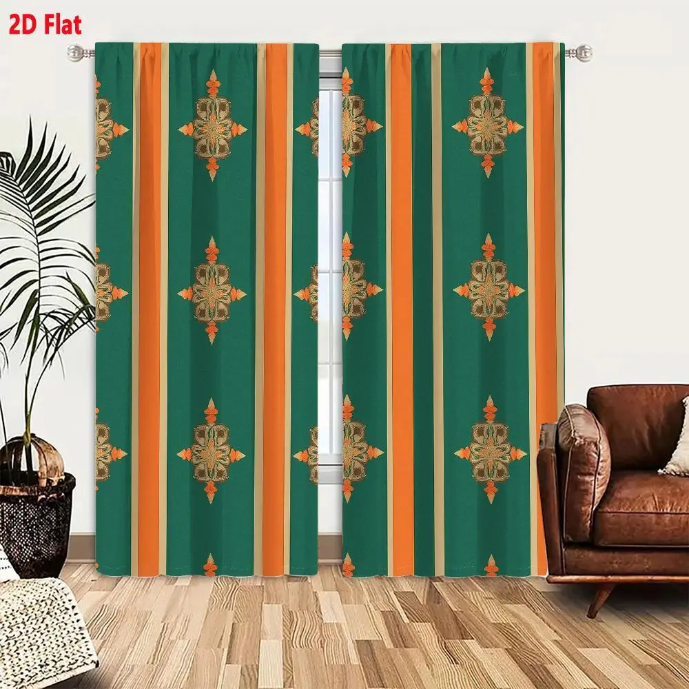 2Pcs Curtains 2D Flat Classic Teal And Burnt Orange Vertical Stripe Wallpaper With Gold Ornamental Motif Window Drapes for Bedro