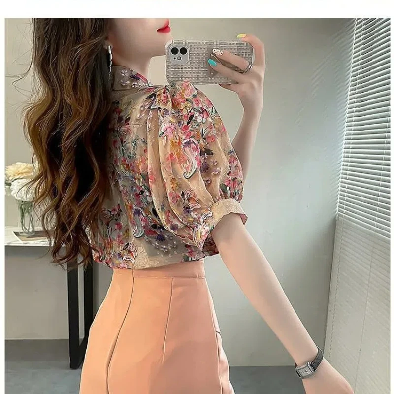 2024 Women\'s Summer New Spliced Polo Neck Button Printing Fashion Loose Comfortable All-match Lantern Sleeve Blouses Shirts