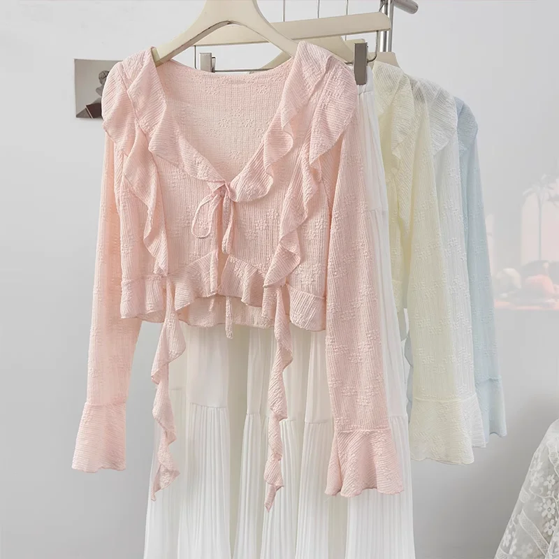 

Ruffle Ribbon Bow Tie V Neck Lace Cardigan Women Spring Summer Solid Long Sleeve Crop Top Sweet Shirts